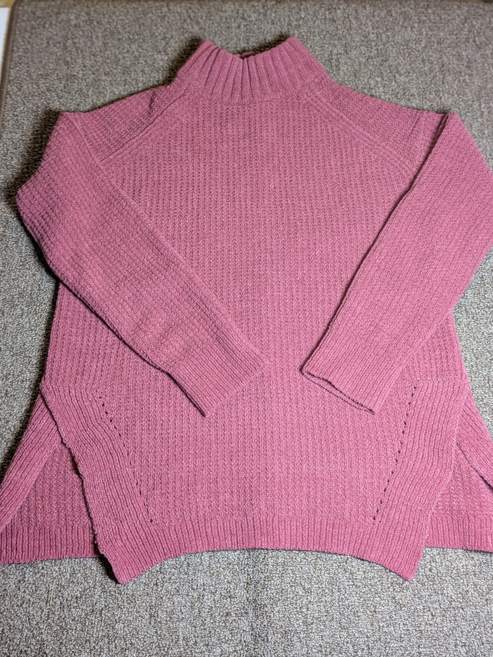 A New Day Mock Neck Tunic Sweater Womens XS Pink Waffle Knit High Slit Pullover